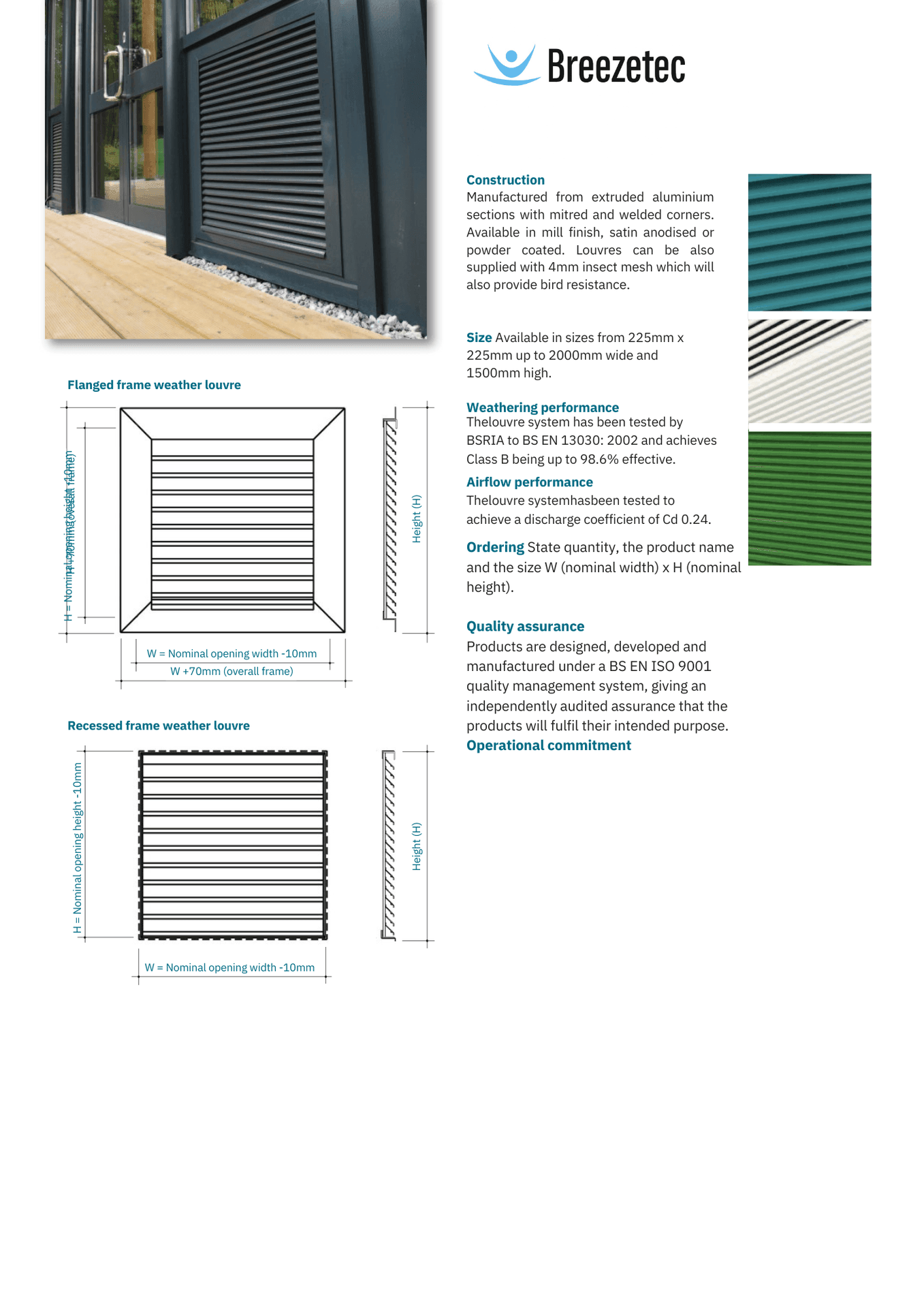 Breezetec construction and louvre details with product features, sizes, and specifications listed.